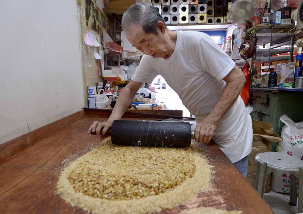 Peanut cake being made at sze thye cake shop